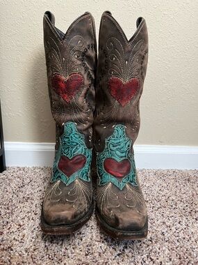 Brown Distressed Leather Cowgirl Boots with Turquoise Inlay & Embroidered Hearts